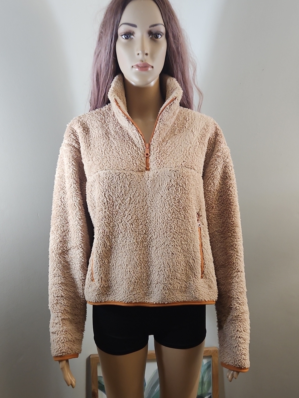 girlfriend collective Teddy Pullover Sweater Faux Sherpa Tan Oversized Half Zip